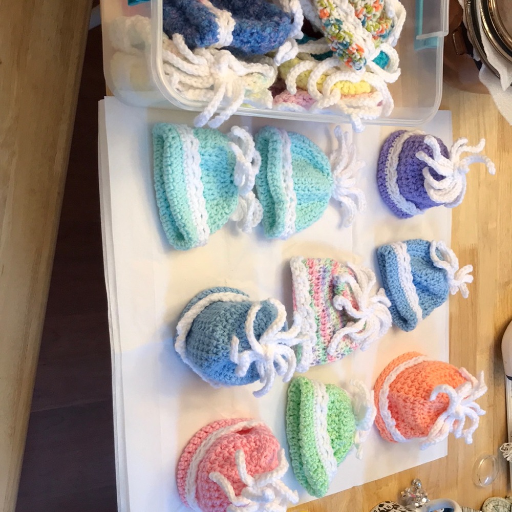 Hats handmade crochet , sm, sm/M, Medium , Med/Lge, booties etc
